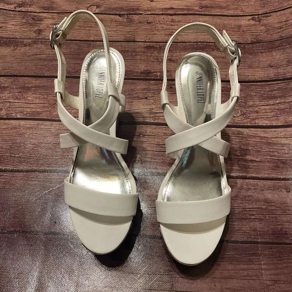 Women’s Jennifer Lopez Deja White Wedge Sandals Size 9 Cork Look
